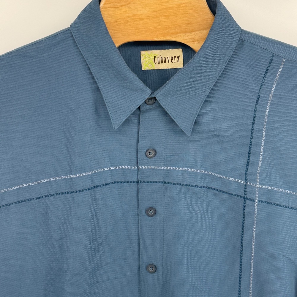 CUBAVERA Mens 3XLT Blue Textured Long‎ Sleeve Shirt Pineapple Embroidered